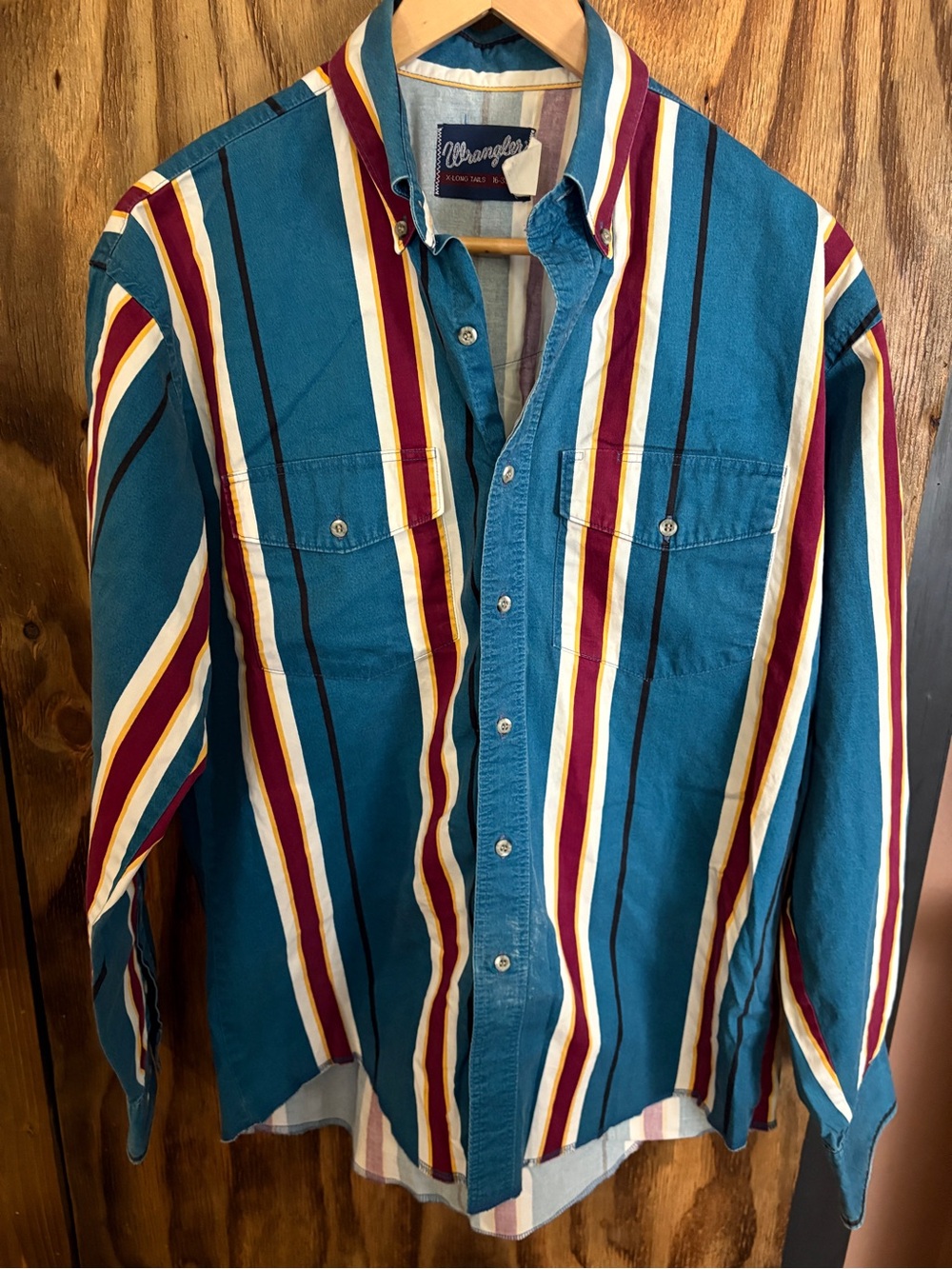 Wrangler Teal Button-Down Shirt with Multicolor Vertical Stripes